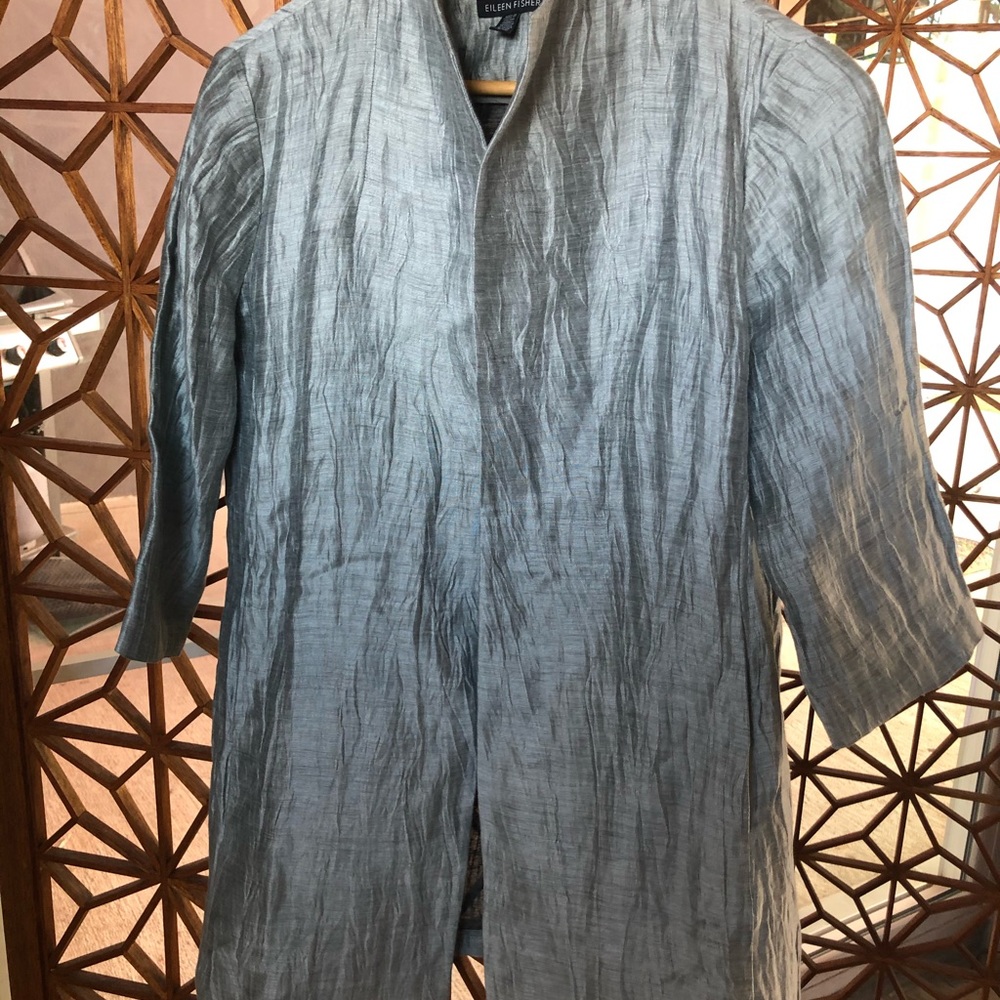 Silver metallic buttonless coat from Eileen Fisher